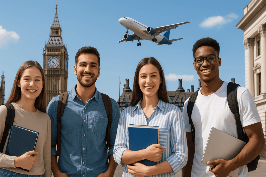 Four diverse students planning for study‑abroad opportunities