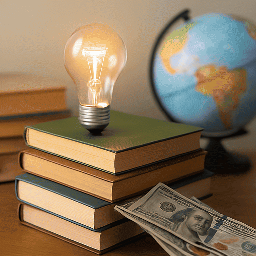 Educational inspiration with books, globe, and money highlighting study abroad opportunities