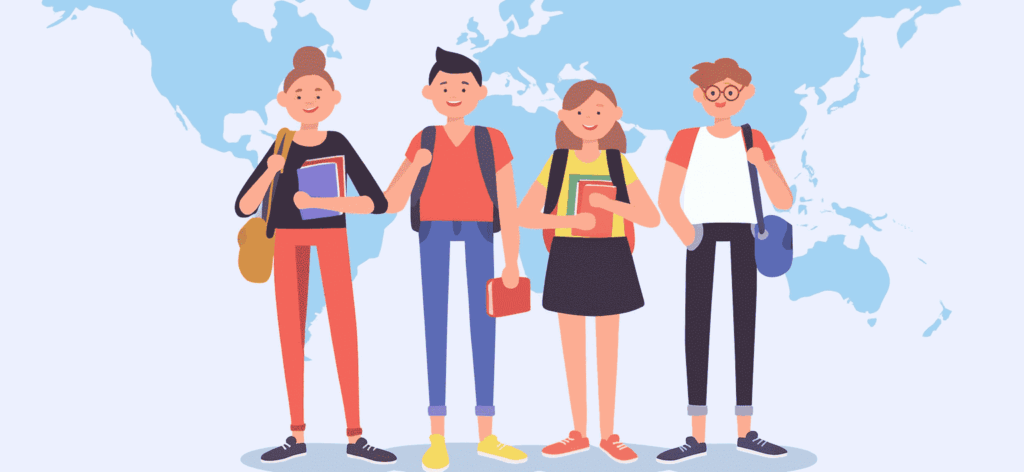 Group of diverse students holding books and backpacks representing global education.