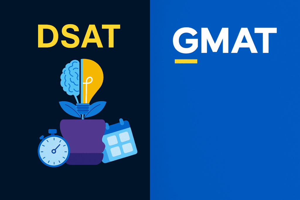 Visual representation of DSAT vs GMAT with creative learning and time management symbols.