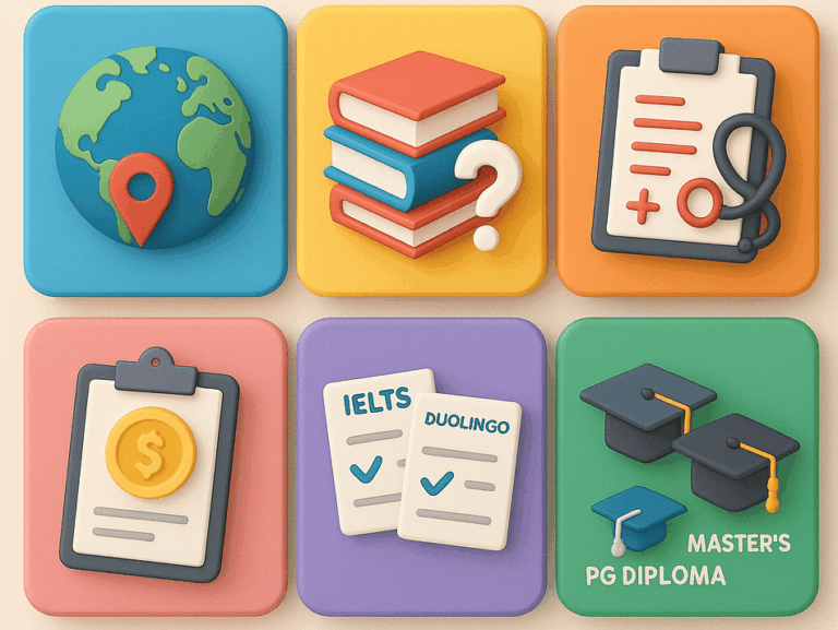 Colorful education-themed icons representing global study, entrance exams, scholarships, and postgraduate degrees