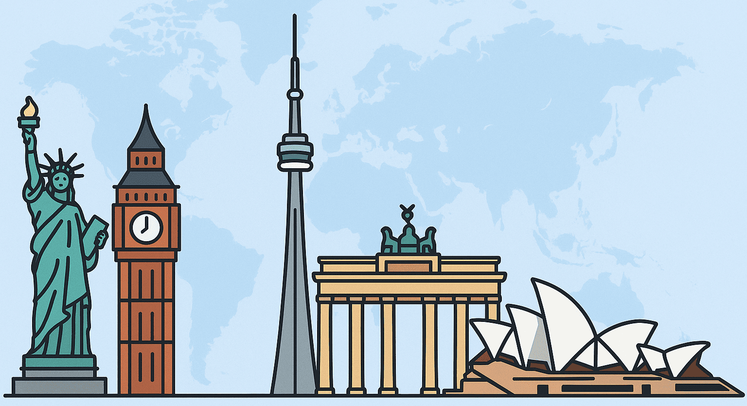 Global education graphic showing iconic landmarks from major international study hubs