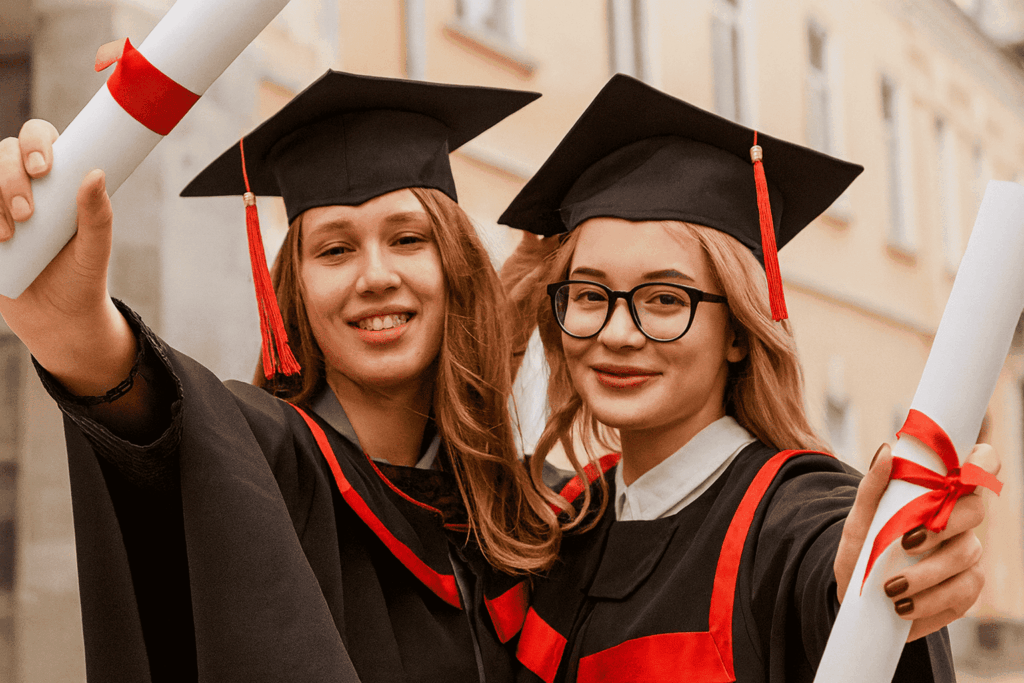 Group of young people outside academic building in conversation