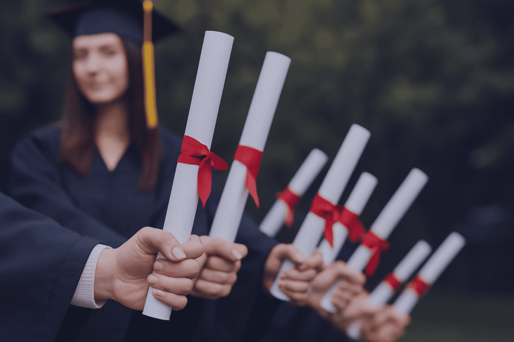 Students in graduation gowns proudly holding diplomas symbolizing academic achievement.
