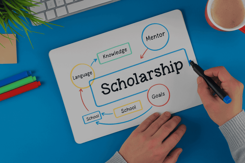 Scholarship strategy mind map with colorful labels and a person writing on the board.