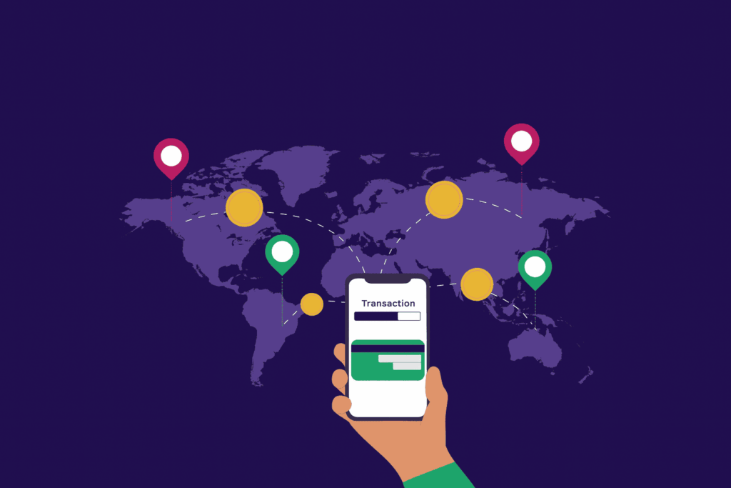 Mobile international payment system displayed with worldwide connection points.