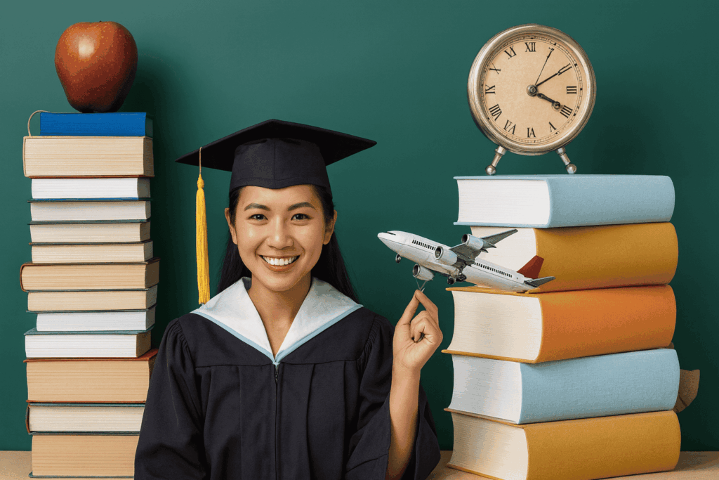 Female student in graduation gown with stacks of books and an airplane model representing international study opportunities.