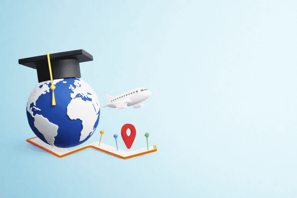 Visual representing overseas study opportunities with globe, cap, and airplane.
