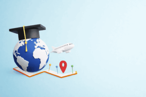 Visual representing overseas study opportunities with globe, cap, and airplane.