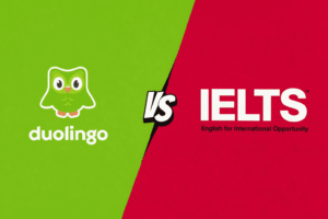 Comparison banner of Duolingo English Test and IELTS for study abroad applicants.