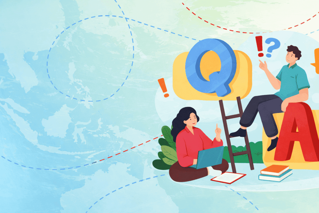 Illustration of students seeking guidance and answers about studying abroad.
