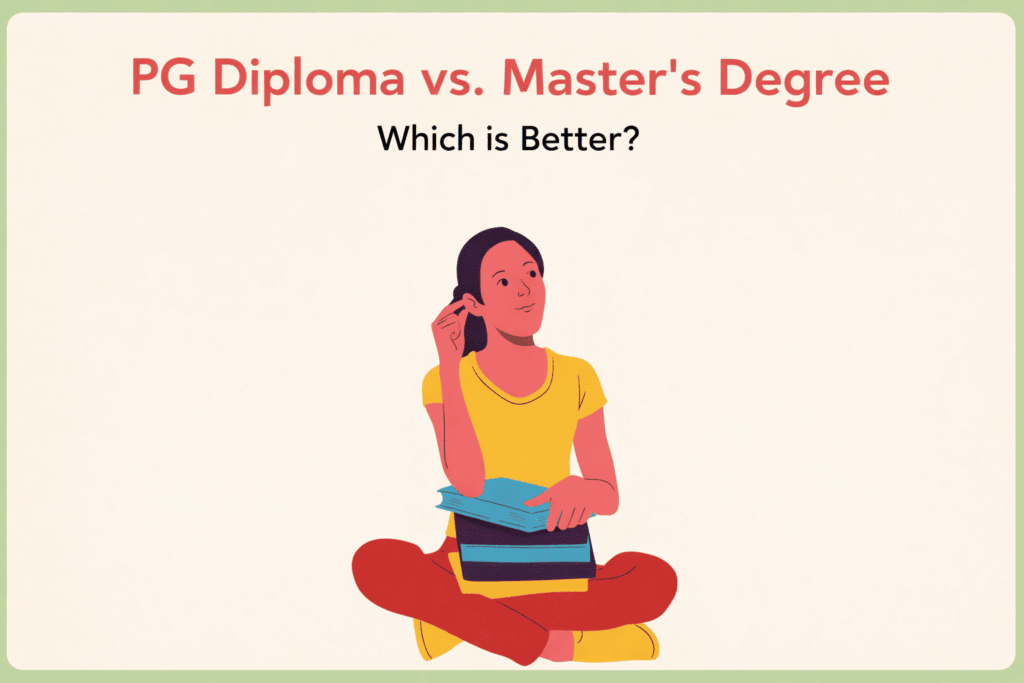 Student thinking while holding books under the title about PG diploma vs. master’s degree.

