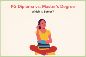 Student thinking while holding books under the title about PG diploma vs. master’s degree.